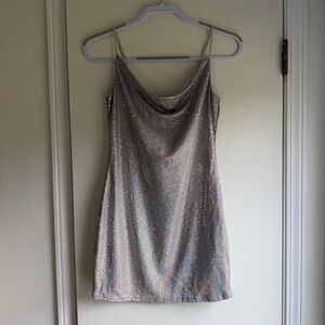 Thirty Thirty LA Holographic Metallic Mini Dress Silver Cowl Neck Medium